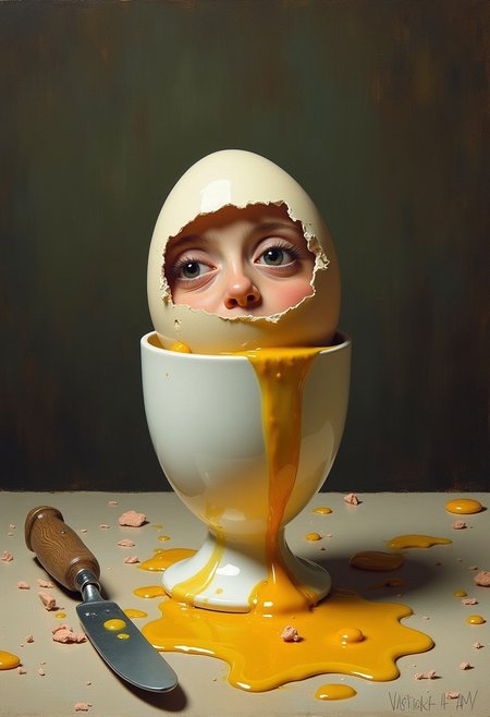 A human face pokes out of an opened softboiled egg in an eggcup, knife dripping with yolk, messy table and amazed faces all around. oil painting in the style of Rene Magritte and Picasso