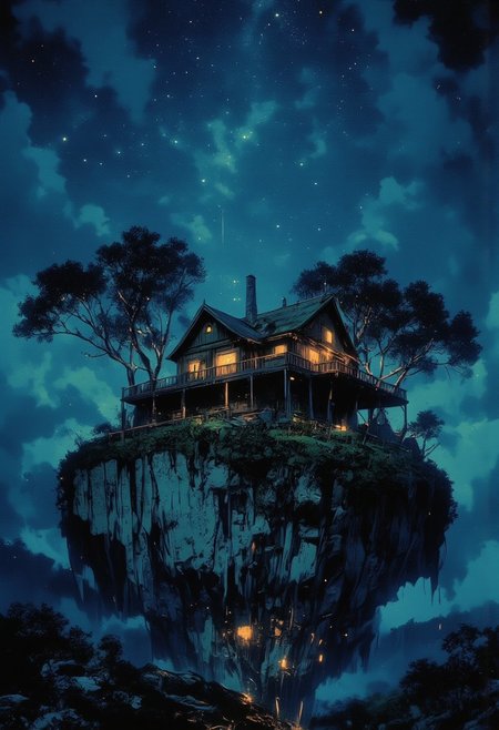 Under a starry sky, a charming house sits alone on a floating island, its windows glowing warmly against the cool twilight. The whimsical home, with its sloping roof and inviting porch, seems to be cradled by nature, surrounded by trees and soft hills. Above, glowing clouds and distant celestial bodies add to the dreamlike atmosphere