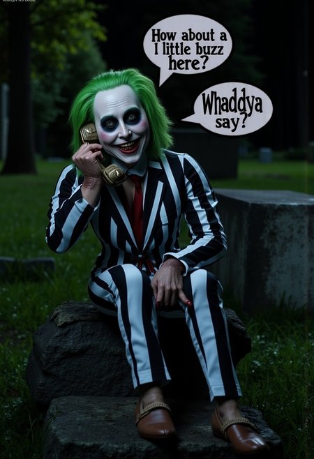 [ cinematic horror-comedy film poster, ] (a photograph of , ((Beetlejuice is seen) (he has white facepaint), (thick black circles around his eyes), ( frizzy green hair ), (very thin sparse scruffy beard and moustache), (suit with black and white verticle stripes), (he is rotting), (and he has a crooked open mouth smile with dirty teeth exposed), (He is holding his hand beside his face in the telephone position/ with his thumb near his ear and littlefinger beside his mouth)),
<<BREAK>> ,
((Beetlejuice is sitting on an old headstone in a cemetery at night), 
<<BREAK>>
((A speechbubble is seen above Beetlejuice and the text "How about a little buzz here? Whaddya say?" is easily seen in legible marquee font, only the words "How about a little buzz here? Whaddya say?" are seen printed in the speechbubble))
[Photograph taken with Nikon D850, using NIKKOR 24mm f/1.8 lens, ISO 3200, Shutter Speed: 1/40s, Aperture: f/3.5, Shot at very low angle, halloween color palette contrasted with font of the marquee font script "How about a little buzz here? Whaddya say?" seen in the speechbubble]