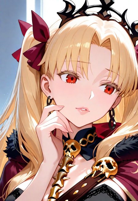 1girl, Ereshkigal \(fate\),, adult woman, earrings, masterpiece, red cape, fur trim, skull chest belt, black dress, hand up, jewelry, blonde hair, parted bangs, two side up, earrings, tiara, hair ribbon, luscious lips, lip gloss, portrait, colored eyelashes, backlighting, red eyes, goddess, glossy skin,