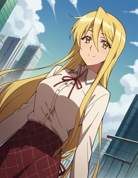 score_9, score_8_up, score_7_up, source_anime,
shizukamarikawa, <lora:shizuka-marikawa-ponyxl-lora-nochekaiser:1>,
shizuka marikawa, long hair, blonde hair, very long hair, low-tied long hair, yellow eyes, hair between eyes, smile,
skirt, shirt, long sleeves, ribbon, white shirt, frills, centered frills,
outdoors, cityscape,
looking at viewer, cowboy shot, dutch angle,