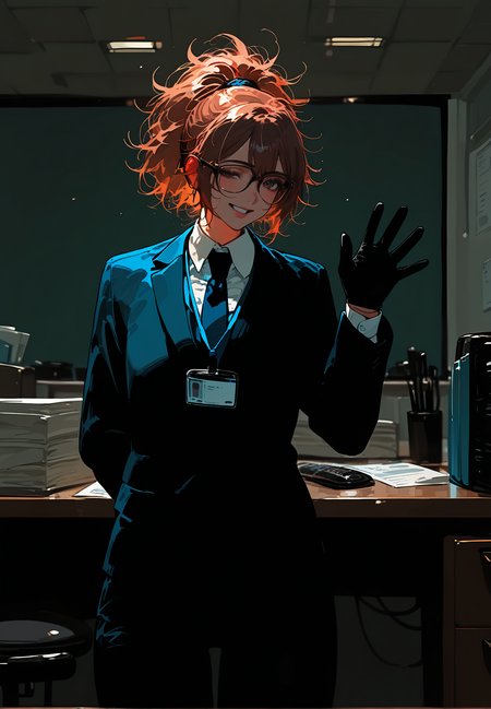 1girl,   brown hair,  short hair, messy hair, high ponytail,        
BREAK   1girl, One Hand Up And Waving Hand, One Hand Behind Back,    half closed eyes,     
BREAK                   office girl, black trousers, black gloves, wears glasses,  office, room,       
BREAK general, masterpiece, best quality, absurdres, highres, newest, <lora:VICE_v2.0:0.85>