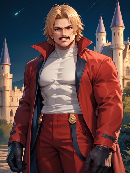 score_9, score_8_up, score_7_up, score_6_up, <lora:RugalP-05:1>, RugalP, 1boy, male focus, mature male, mustache, blue eyes, red eyes, heterochromia, short hair, blonde hair, muscular, white shirt, black gloves, red pants, red coat, red jacket, grin, in castle, night, zPDXL2