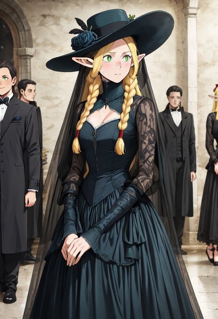 masterpiece, best quality, newest, absurdres, highres, anime, anime style, VGE-V1.0, goth fashion, victorian, solo, solo focus, female focus,

1girl, marcille_donato \(dungeon_meshi\), elf, pointy ears, green eyes, blonde, 




hat, round hat, veil, dress, formal,




