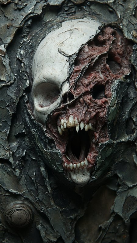 digital artwork, likely created using CGI, with a dark, eerie, and surrealistic style. The central focus is a human face, which appears to be in a state of decomposition, with large, gaping holes and cracks revealing raw, exposed flesh and bone. The face is pale and gaunt, with sunken eyes and a mouth agape in a scream or a silent cry. The face is framed by intricate, abstract patterns and lines that seem to be emanating from its skull, adding to the haunting atmosphere.The background is a chaotic, industrial landscape, with metallic textures and a gritty, mechanical feel. The colors are predominantly dark grays, blacks, and whites, with a hint of red and green in the cracks and patterns. The image is divided into multiple sections, creating a sense of fragmentation and disintegration. The overall composition is highly detailed and textured, with a focus on the macabre and the surreal. The artwork conveys a sense of horror and the uncanny, blending elements of science fiction and gothic art. The style is reminiscent of the work of H.R. Giger, known for his iconic designs in the "Alien" franchise.,aidmaimageupgrader, aidmaMJ6.1 <lora:aidmaMJ6.1-FLUX-v0.5:0.7> <lora:aidmaImageUprader-FLUX-v0.3:0.4>