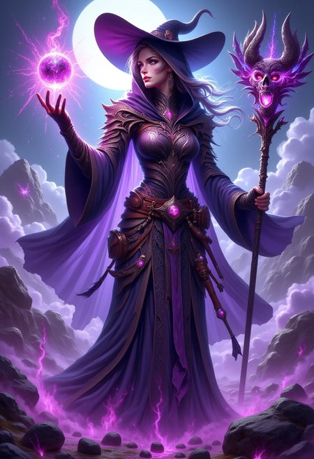 realistic scenery, ultra high quality, very detailed, a gorgeous female warlock  wearing a purple necromancer body armor and levitating her purple necromancer orb, a purple demonic fel aura surounds her gear and her staff, she is companied by her imp, cowboy shot, <lora:Elementalists>