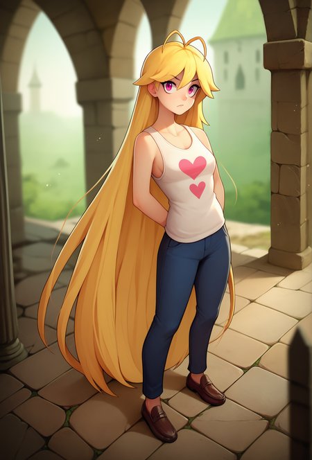 score_9, score_8_up, score_7_up, score_6_up, score_5_up, score_4_up,  <lora:marblesoda_style_ponyXL_v1.2:1> marblesodastyle, (depth of field:1), mansion,cave, green background,
1girl, solo, human, yellow hair, mullet, very long hair, antenna hair, single hair intake, tank top, pants, loafers, leaning backwards, dutch angle, pink eyes, looking at viewer, raised eyebrow