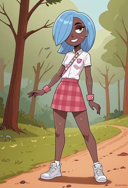 score_7_up, 1girl, erin_cc, dark complexion, one amber eye, one light blue eye, medium length blue hair, hair covering left eye, Scout uniform, white short-sleeved shirt, pink cuffs, pink sash  with badges,  pink flannel skirt,  dark-purple and white sneakers, sensual, curvy, standing, in the woods, outdoors, nature, hike, sweat, looking at viewer, feminine, artistic effects, smiling, unbutton, breasts, sensual, navel, flirt, keen