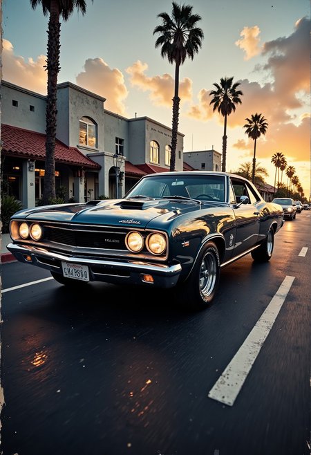 A nostalgically crafted relic of the past, a meticulously restored deep Monochrome pearlescent classic 60's muscle car cruises through the dusk streets with an intimidating elegance. The vintage vehicle gleams with a lustrous sheen, showcasing its aerodynamic lines and sharp accents as it cruises along the asphalt. This evocative scene is captured in a vividly detailed oil painting, where every brushstroke highlights the car's classic styling and pristine condition. Impeccably rendered, this image transports viewers to a bygone era of automotive luxury and style. secretlab