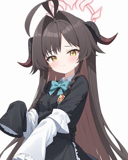 kasumi \(blue archive\),1girl, halo, solo, maid_headdress, horns, sleeves_past_fingers, ahoge, long_sleeves, bowtie, blush, simple_background, enmaided, looking_at_viewer, white_background, black_dress, frills, hair_intakes, sweatdrop, buttons, white_apron, closed_mouth
<lora:kasumi_(blue_archive)_image991_2023-11-28:1>halo. gorgeous,key visual, vibrant, studio anime,award-winning, professional, highly detailed,high budget, cinemascope