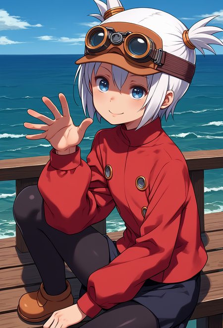 score_9, score_7_up, source_anime, BREAK solo, <lora:Pratty_XL:1> Pratty, blue eyes, short hair, white hair, short twintails, hair through headwear, goggles, brown headwear, red shirt, short over long sleeves, black long sleeves, red skirt, black pantyhose, leather breastplate, brown footwear, smile, ocean, shore, against railing,  <lora:kuroboshi_kouhaku_PonyXL_style_v01.09:1>