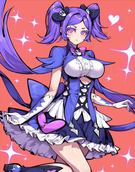 score_9,score_8_up,source_anime,(anime styal:1.1),anime,rating_explicit,1girl,<lora:lanmei-000032:1>,Lanmei haoxiongdi,twintails,purple hair,pink eyes,solo,perfect face,bedutiful eyes,<lora:DetailedEyes_V3:1>,slim waist,<lora:add-detail-xl:2>,<lora:ClearHand-V2:1>,magical girl,bow,gloves,white gloves,boots,breasts,purple bow,dress,skull hair ornament,looking at viewer,hair ornament,large breasts,black bow,black footwear,hair bow,heart,dress,(looking at viewer:1.1),blue sky,standing,Sexy pose,elegant,flying,
