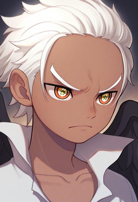 masterpiece, absurdres, high quality, perfect anatomy, 1boy, solo, cute boy, male focus, SHawk, White Hair, Orange Eyes, Star-Shaped Pupils, dark Skin, Black Wings, portrait, closeup, collarbone
