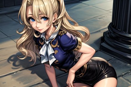 masterpiece, Lily Kokoschka , best quality, best quality, ultra-detailed, highres,sharp focus,(ultra detailed,extremely detailed), 1girl,(masterpiece, best quality), LilyKOKOSCHKA, 1girl, solo, long hair, small breasts, blonde hair, Blue eyes, Deep Blue eyes, hair between eyes, uniform, ascot, wavy hair, eyes visible through hair, white ascot, Skirt, hungry clicker,  outdoors, street, cowboy shot, leaning forward, , brutal smile, Best Quality, masutepiece0Beautiful face0Strong-minded woman0sitting