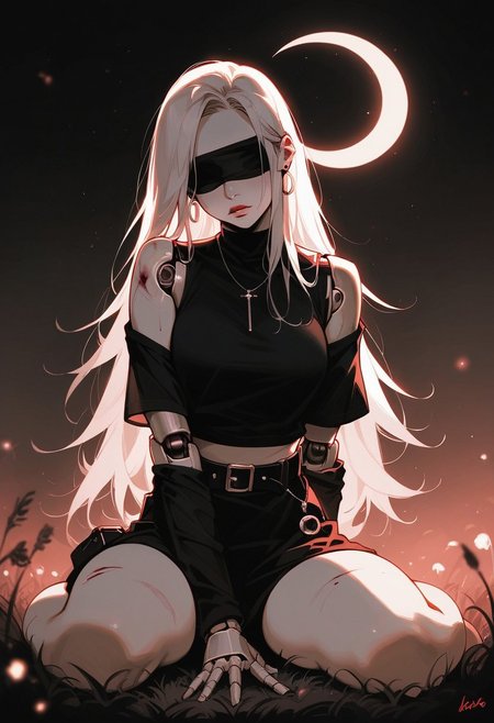 (score_9, score_8_up, score_7_up), (my nameisyoon), (nixeu:0.8), ((kuroihato)),night, dark sky, crescent moon, constellations, glowing lake, minimalism, (warm light, beautiful lighting, blurry:1.5), sad look, (((dark theme))), monochrome, 🌈, 🌙, 1girl, solo, looking away, sitting on grass, android, pale skin, (robot joints:2), ((bandaged arm, bandages, realistic blindfold, white blindfold, bloody bandage)), white hair, long hair, straight hair, no shoes, barefoot, mini skirt, black skirt, shirt, black sweater, long sleeves, bare shoulders, full body, off-the-shoulder shirt, belt, black belt, buttons, depth of field, ammunition pouch
