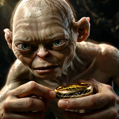 Gollum admiring the One Ring amidst the Rings of Power.  Gollum character, intense fascination, precious ring, mythical rings, dark and mysterious setting, glowing inscription, obsession and desire, ancient artifact, twisted creature, fantasy genre, digital artwork, fantasy realism style, reference artist: John Howe, intricate details, magical aura, dramatic lighting, shadows and highlights, surreal atmosphere, high-quality rendering, captured digitally, focus on the ring's allure and Gollum's mesmerized expression.