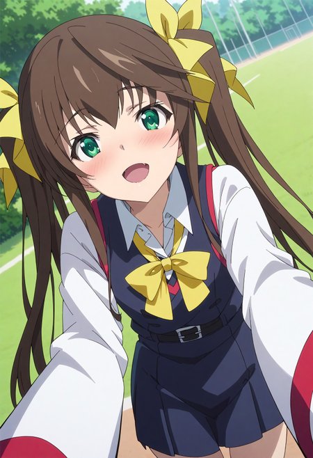score_9, score_8_up, score_7_up, source_anime, masterpiece, best quality,perfect anatomy,rating_explicit,rin, black school outfit,yellow ribbon,looking at viewer,pov,outdoor,blushing,dutch angle  <lora:rin.pony:1>