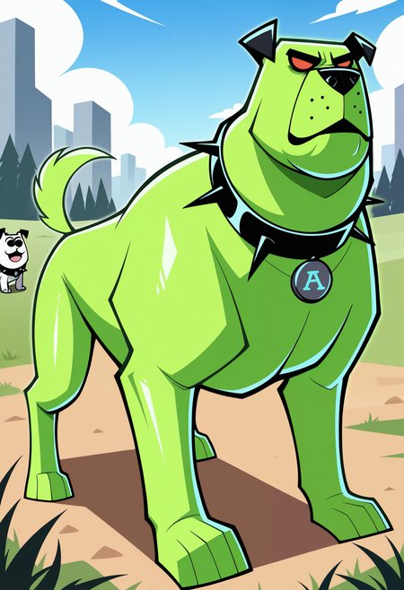 masterpiece,best quality,amazing quality, cuj0, dog, feral, green skin, red sclera, no pupils, spiked collar, tail, bara, full body, outside,