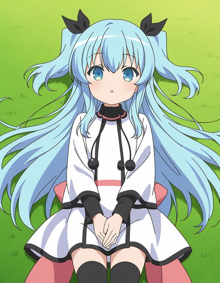general,highres, ultra-detailed,very aesthetic,best quality ,best hands,  BREAK,  <lora:Noel_IS:1>  Noel, 1girl,solo, long hair, blue hair, two side up, blue eyes, hair ribbon, black ribbon,bangs, 2020s (style), anime coloring,
 thighhighs, dress, white dress, black thighhighs, lying, on back, long sleeves, looking at viewer, smile,
very long hair, own hands together, hair between eyes, black ribbon, parted lips, :o,
sky, grass,