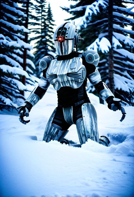 easynegative, extremely detailed, dark, chiaroscuro, low-key, AssaultronCosplay, zavy-strps, a white assaultron robot, ((the assaultron has grey stripes painted on its armor)), ((tiger stripe pattern)), in the mountains of Alaska, snow