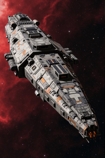 <lora:SpaceCraft_v.3:0.8>
A blocky, wedge-shaped war freighter coasts through deep space, its weathered gray hull streaked with faded orange combat paint and scarring from past skirmishes. Dozens of exposed gun turrets, comms dishes, and vented thruster nacelles cluster around the dorsal spine, suggesting a design built for brute-force planetary sieges. Deep mechanical wells, retro-thrusters, and maintenance hatches pattern the undercarriage, while reinforced corner plating adds visual weight to the shipâs otherwise sharp silhouette. The red-toned starfield behind it sparkles with scattered galaxies, giving scale and distance. Presented from a diagonal rear-quarter view, the ship fuses utilitarian realism and classic sci-fi warship tropes, styled with textured matte surfacing and sharp-rimmed light bounce.