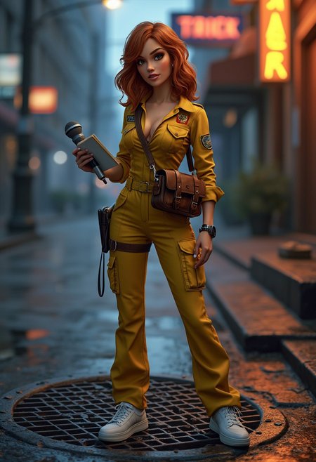 A photorealistic image of a woman resembling April O'Neil from * Mutant Ninja Turtles*. She has a strikingly beautiful, athletic figure with toned curves, huge breasts, a slim waist, and a confident stance. Her shoulder-length auburn hair is styled in soft waves, framing her face with bright, intelligent eyes and a warm, determined expression.  She is wearing her signature yellow jumpsuit, perfectly fitted to her body, with the zipper slightly undone at the top for a casual yet professional look. The jumpsuit features utility pockets and a matching belt, emphasizing her practical and adventurous personality. She pairs this with white sneakers and a vintage brown leather shoulder bag slung across her torso, containing a notepad, a microphone, and other reporter essentials.  The setting is an urban street at dusk, with the faint glow of neon signs reflecting off wet pavement. She is standing near a manhole cover, holding a handheld microphone in one hand and a notepad in the other, as if she's in the middle of investigating a story. The lighting is cinematic, with a mix of cool blues and warm orange hues highlighting her figure and creating a dramatic yet grounded atmosphere. The scene captures her intelligence, bravery, and charm, bringing the animated character to life in a realistic, modern context.