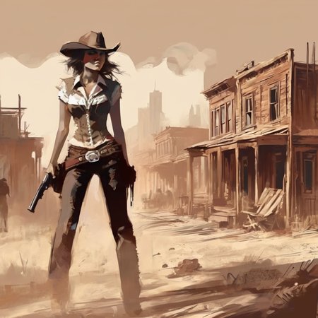 artmix06 cowboy girl in the wild west with buildings in the background,  cinematic, very detailed<lora:artmix06:1>