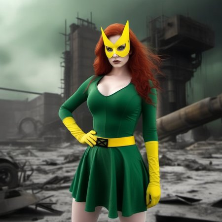 Dystopian style a fullbody skinny with big breast redhead woman wears a green dress and a yellow mask, powerfull superhero <lora:MarvelGirl1024:0.8> . Bleak, post-apocalyptic, somber, dramatic, highly detailed