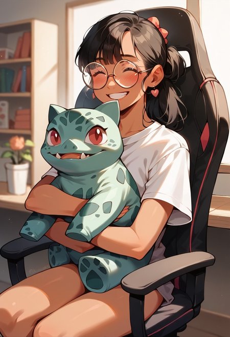 score_9, score_8_up, score_7_up, score_6_up,  <lora:p3tl0v3XLP:1> p3tl0v3, 1girl, 26yo, black hair, asian. tan skin, round glasses, in room, sitting on pink gaming chair, hugging cute pig plushie, smiling,  bulbasaur shirt