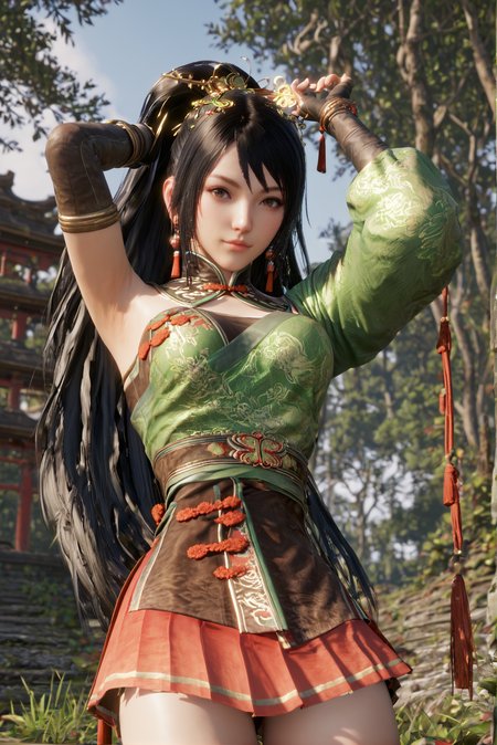 score_9, score_8_up, score_7_up, 3D, 1 girl, solo, black hair, long hair, jewelry, gloves, earrings, skirt, outdoors, hair ornament, brown eyes, chinese clothes, looking at viewer, arms up, <lora:Guan_Yiping_Dynasty_Warriors:0.8>