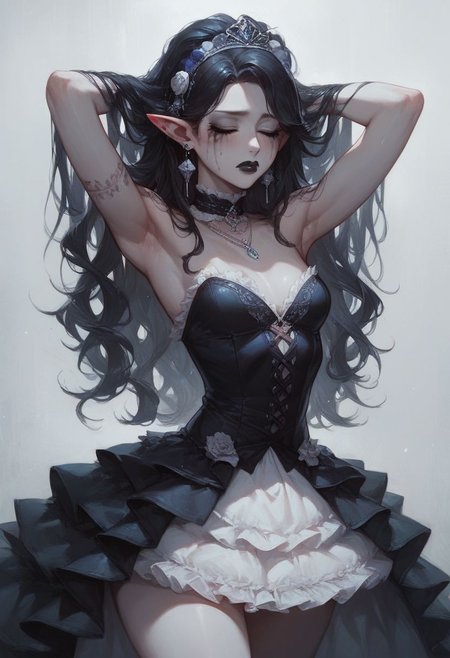 (score_9, score_8_up:1.3), score_6_up, score_7_up, score_9
Simple background, castle stone wall, dungeon, dark, moody
BREAK 1female, goth, pale skin, white skin, grey skin, eyes closed, sad, shy, pointy ears, pointed ears, black hair, huge ass, wide hips, round hips, thick thighs, pear shape, small breasts, arm tattoos, body tattoos, standing, arms up, hands behind head, idol dress, shoulder length hair, beautiful female, perfect face, high resolution, toned body, black lipstick, black makeup, running makeup, solo, alone, frontal view, from the front, close up