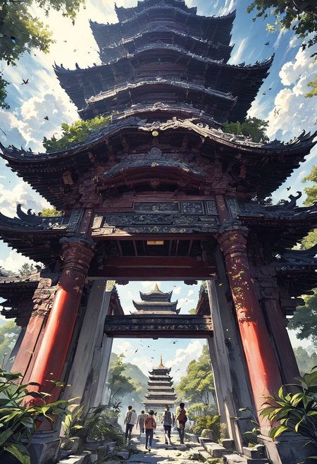 bug, sky, pagoda,temple,  torn pants, multiple boys, forehead mark, blurry, plant