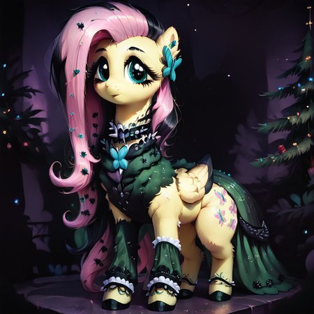 score_9, score_8_up, score_7_up, score_6_up, high resolution, hight detailed, intricate detail, detailed, (((feral pony))), solo, fluffy, fur, cute face, cute, wide hips, wide thighs, dark theme, full body, female pony, mare, ((fluttershy)), gothic, ((black streak)), hair over one eye, looking to the viewer, standing, The green dress, blue butterfly solo ((garden)) Christmas tree and lights