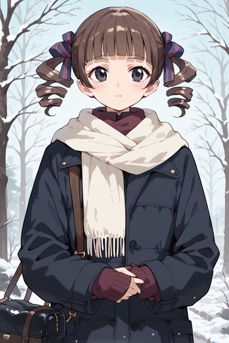 score_9, score_8_up, score_7_up, score_6_up,
 <lora:Touko_Matsudaira:0.9> touko, 1girl, solo, scarf, drill hair, twin drills, tree, twintails, blunt bangs, brown hair, long sleeves, bangs, coat, black eyes, bag, hair ribbon, winter