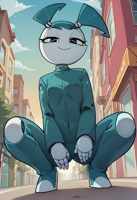 score_9, score_8_up, score_7_up, rating_explicit, 1girl, solo, (bottom view, Angle from below), Jenny, white skin, joints, robot, twintails, tracksuits,long sleeves, pants, buruma, knee boots, hands behind neck, squatting down, looking at viewer, half closed eyes, closed mouth, smiling, detailed background, outdoors, city street, sunset sky:2.1,