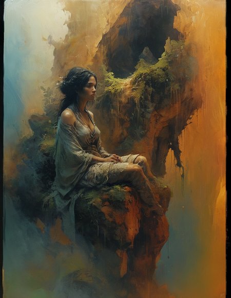 illustration, concept art, dynamic composition, An Aboriginal woman, draped in tattered cloth, sits atop a moss-covered, intricately carved stone sculpture within a cave. The scene evokes a sense of mystery and forgotten knowledge, with the woman as its silent guardian, treading on artstation, (style of Pascal Blanché, Mark Demsteader, Craig Mullins, Okuda San Miguel, Tom Bagshaw, artgerm:1.2)