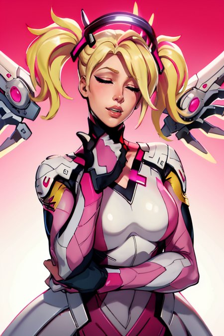 masterpiece,best quality,extreme detail,8k,image sharpness,<lora:mercy-10:0.8>, mercy2,1girl,solo,breasts,blonde hair,gloves,dress,twintails,medium breasts,closed eyes,upper body,heart,parted lips,wings,official alternate costume,lips,gradient,gradient background,glowing,halterneck,halo,pink background,pink dress,red background,pink lips,nose,criss-cross halter,mechanical halo,mechanical wings,