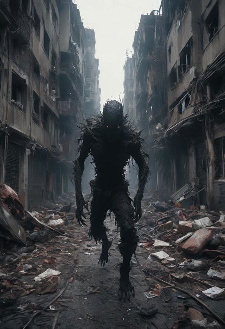 Large DARK abyss above the City, Running through dystopian City, See running hands, Trash, violence, tears, First person, fpv, Large Horror Monster horizon, See hands fpv