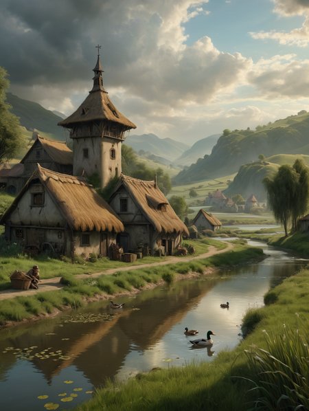 Hyperrealistic art oil painting , A dreamy farming village in a green valley, dramatic clouds, gloomy, mysterious, hazy, dusty, mystical, mysterious, gloomy, hazy, dusty, dramatic light, 34K uhd, masterpiece, high detail, 8k, intricate, detailed, high resolution, high res, high quality, <lora:add-detail-xl:1.8>, highly detailed, Extremely high-resolution details, fine texture,