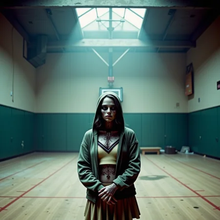 analog film photo Cowboy shot, decaying school gymnasium, cold morning light: A young zombie woman in a torn hoodie and cheer uniform stands in the middle of a dusty court, basketball hoop hanging loosely above her. Her skin is grey-olive with patches of cracked dryness at the joints; her white sclera eyes stare through the camera. Her lower lip is torn, but her posture is ordinaryâarms folded, body weight slightly leaned to one side. Shot on a Hasselblad 503CW, 150mm Sonnar, film: Ilford Delta 400. Natural light from a broken skylight above creates shafts of cool contrast, with bounce from the polished court floor adding subtle fill. The whole frame is quiet, almost beautiful in its sadnessâforgotten youth, still standing.
 <lora:undead denizens v2.2:1> . faded film, desaturated, 35mm photo, grainy, vignette, vintage, Kodachrome, Lomography, stained, highly detailed, found footage