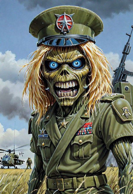 masterpiece, top quality, best quality, highest quality, highest detailed, Simon Stlenhag Style, hmvi style, close up, Ink art of a monster, dressed as a military general on a battlefield, iron maiden poster 1988, full-color illustration, an airbrush painting