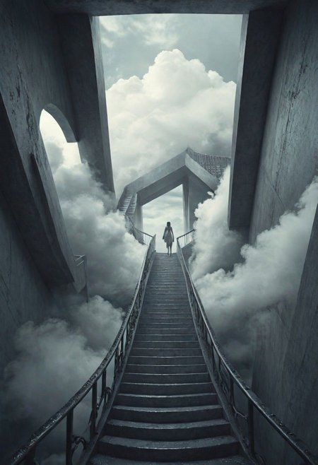 A surreal depiction of the quest for equality, represented by a vast, ((endless staircase winding through the clouds)), with diverse people climbing together toward a shining, elusive doorway at the top. The scene blends elements of fantasy and reality, with barriers along the path symbolizing various social obstacles. The mood is hopeful yet challenging, with ethereal lighting and symbolic motifs scattered throughout.  <lora:add-detail-xl:1>