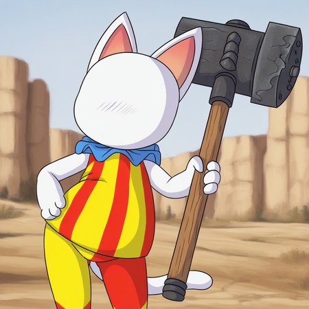 High quality, amazing detail, furry, Blanca, cat, white fur, white body, faceless, blank face, furry female, solo, clown outfit, leaning on giant hammer handle, holding giant hammer, outside