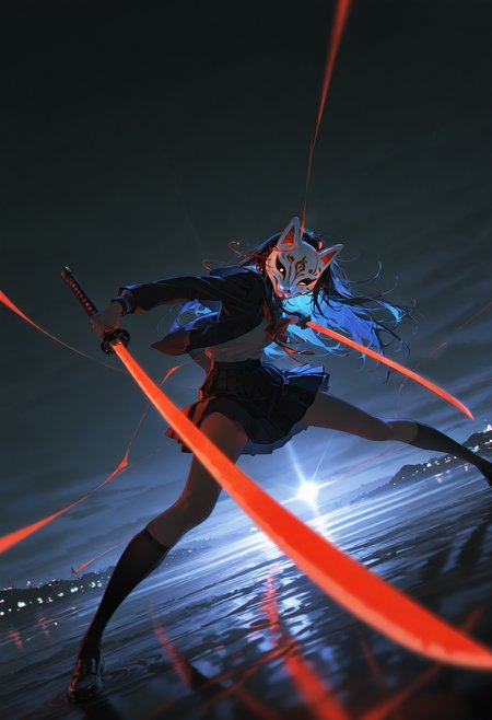 masterpiece, best quality, amazing quality, very aesthetic, absurdres, newest, scenery, 1girl, dutch angle, pose, fox mask, school uniform, holding katana, motion blur, motion lines, hazy air, dark theme, hdr, (chromatic aberration, polarized:1.2), vivid color light, blurry foreground, masterpiece, best quality, amazing quality, very aesthetic, absurdres, newest, scenery,