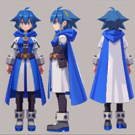 megaman_legends, lowpoly, PS1, PSX, pixelated, model sheet, simples background, chara-sheet, 3D, man, blue hair, mage, cape with hood, mage uniform, gothic style, medieval fantasy