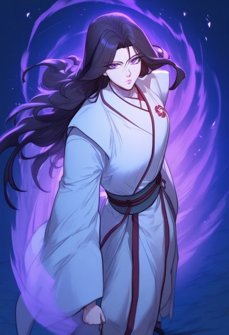 highly detailed, masterpiece, score_9,score_8_up,score_7_up, (manhwa artstyle),  YooIseol, dark violet eyes, dark hair, long hair, martial art uniform, cowboy shot, looking at viewer, aura, full body