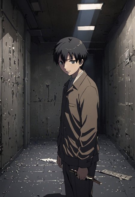Highres, Masterpiece, High Quality, 4K, 8K, solo, 1Boy, Takaki Toono, adult, black hair, short hair, interrogation room, kidnapper, basement, dark, dimly lit, concrete walls, eerie, abandoned room, damp, stuffy, concrete floor, satisfied expression, revenge, looking down at viewer from bottom, threatening, intimidating, dominant, standing on top, weapons, rulers, easynegative, detailed_eye_model
