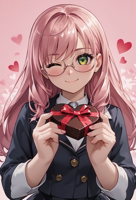 score_4,score_5,score_6,score_7_up,score_8_up,score_9 ((masterpiece,best quality,ultra detailed,highres,HD,4k:1.2)), 
1girl, solo,solo focus,girl focus,face focus,
Isola(Normal),long hair,straight hair,pink hair,green eyes,glasses,
pov,from the front, front view, front angle, 
Happy Valentine's Day, Valentine's chocolate, holding wrapped chocolate, 
heart background, 
blush,((wink:1.1)), smile, happy, shy,closed mouth,