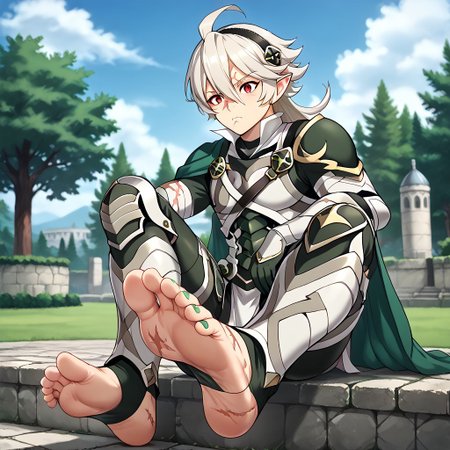 masterpiece, best quality, sharp aliasing, highly detailed, 1male, male body, male,EPfeCorrin, dark green cape, armour, dark green gloves, black pants, wearing pants, outdoors, evening, stone ground, tree, bush, buildings, windy, barefoot, toeless legwear, armoured legwear, armoured arms, shin armour, leg armour, leg and shin armour, shin guards, stirrup legwear, dark green stirrups, 5 toes, Quality, High Definition, Full body view, solo, slimes_sanemi, scar, scars, scar on face, scar on chest, scar on forehead, white hair, muscular, red eyes, slit eyes, pointy ears, sitting, green sword, green toenails, dirty feet, side view, grumpy expression, sitting on ledge, feet, soles, foot focus