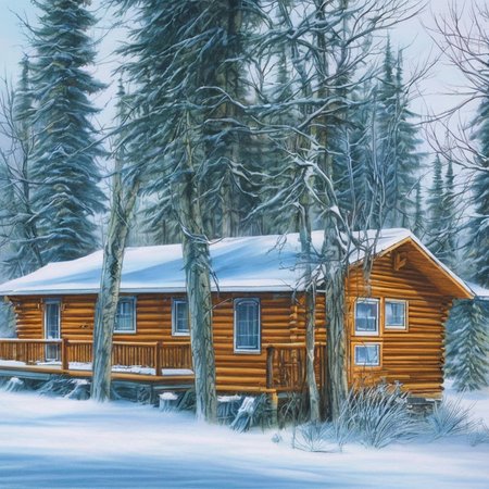 a quaint cabin in the woods in the wintertime SCG768-illustrate airbrushed portrait